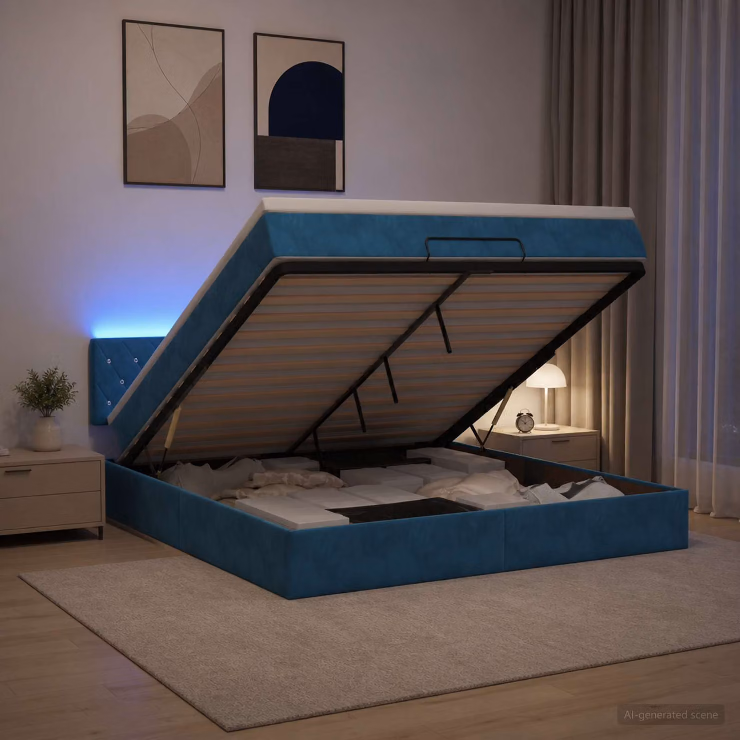 Letto Ottomano vidaXL con Materasso Ibrido e Illuminazione LED Sotto il Letto in Velluto Blu e Bianco L: 160 cm, P: 200 cm, H: 88 cm