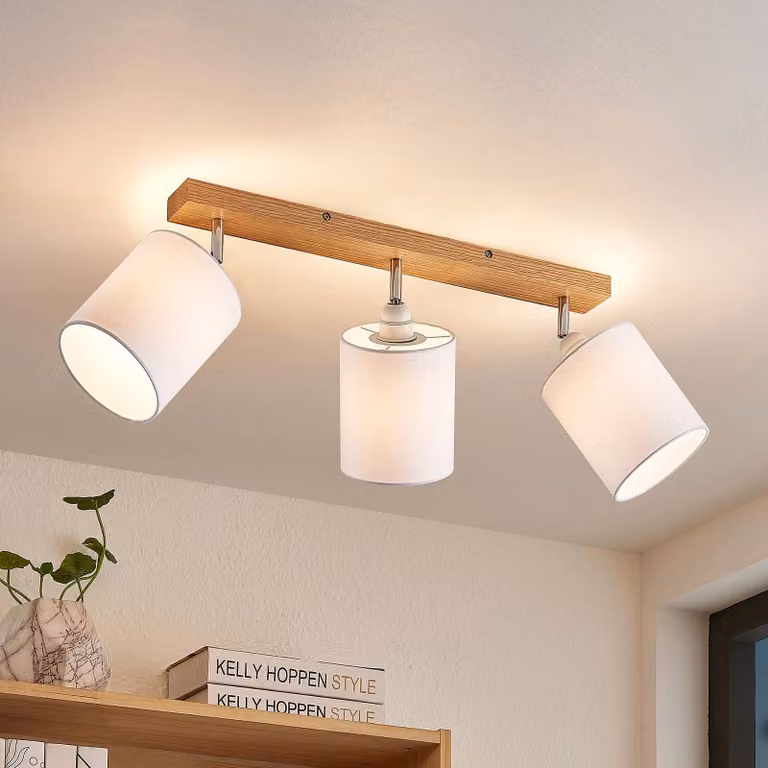 Faretto da soffitto Lindby Imarin, 56 cm, a 3 luci, bianco, legno Imarin Lindby, dimmerabile, Legno chiaro, Soggiorno / Sala da pranzo, Legno, Scandinavo, Faretto