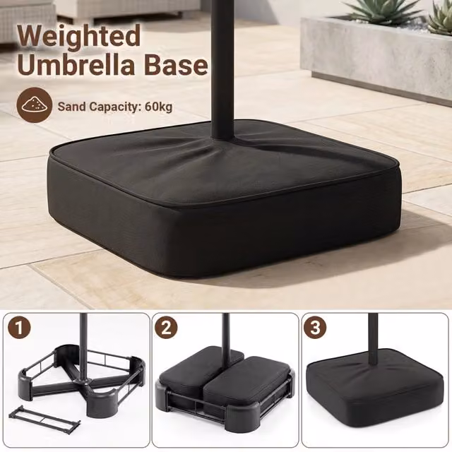 Ombrellone da Giardino Doppio 15ft con 144 LED Solari Base Inclusa e Manovella Telo Poliestere Marrone