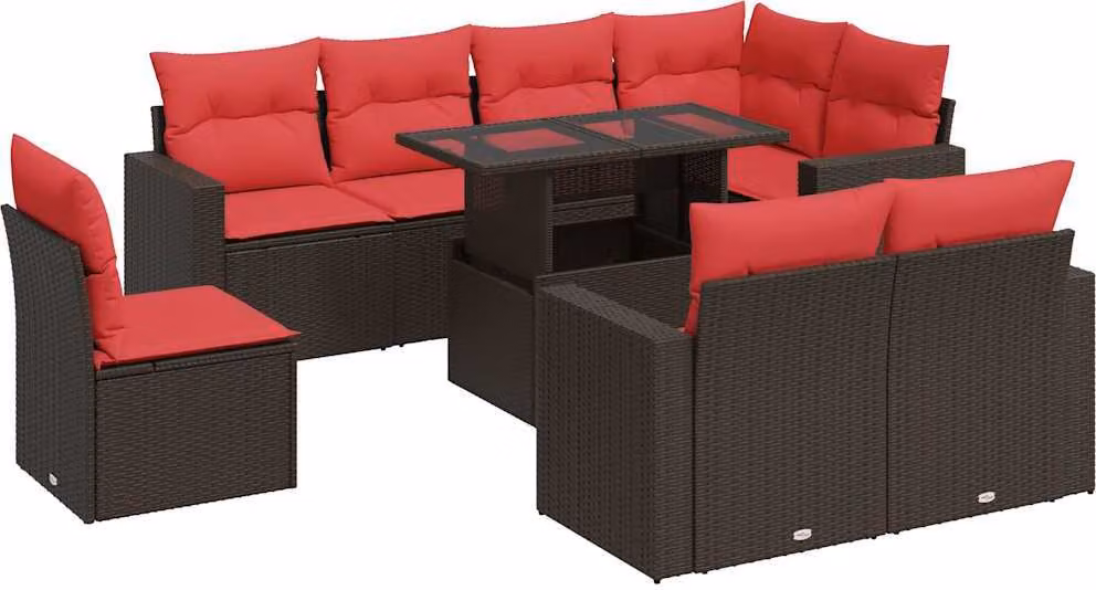 Set Divani Giardino 9 pz con Cuscini Marrone Polyrattan Acacia
