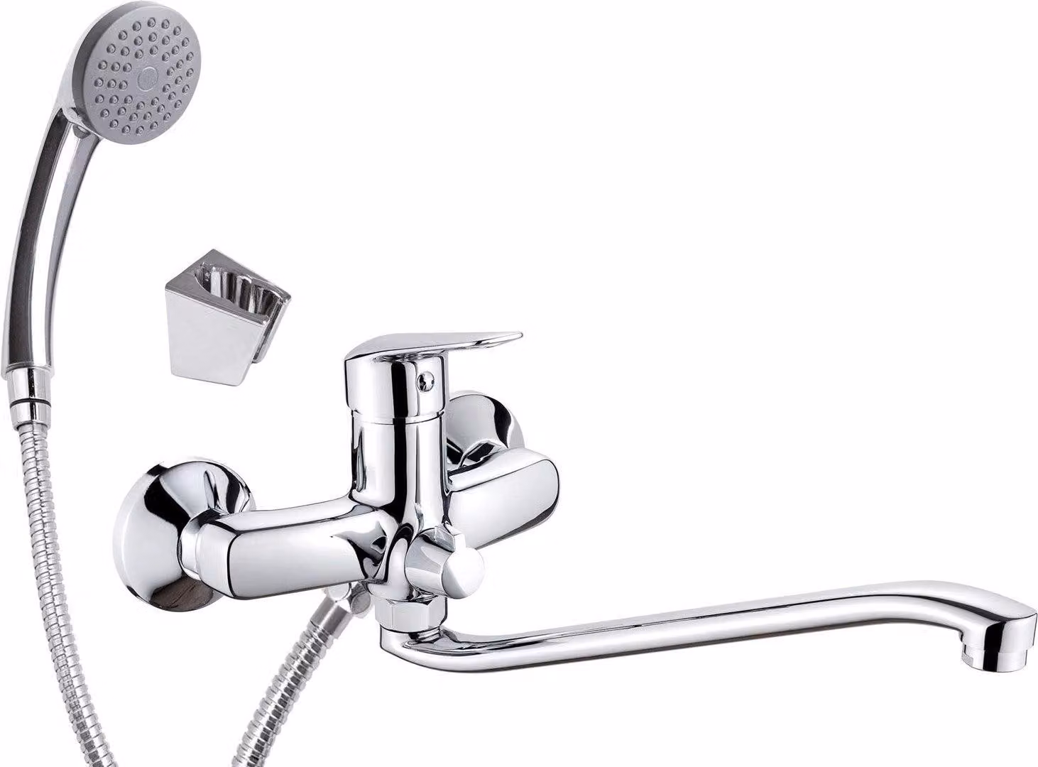 Wall-mounted washbasin mixer with extended spout - hose and shower set connection