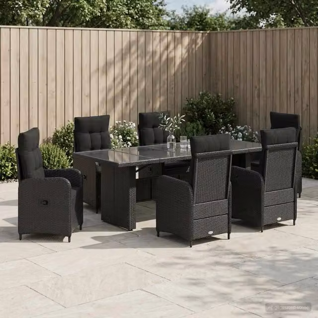 Set da pranzo per esterni vidaXL in polyrattan nero con tavolo in legno di acacia, 7 pezzi