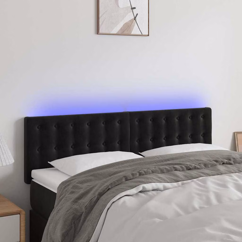 Testiera per letto vidaXL in velluto nero con illuminazione LED e porta di ricarica USB, L: 144 cm, P: 5 cm, H: 78-88 cm
