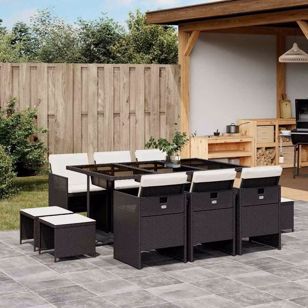 vidaXL Set da Pranzo da Giardino 11 pz in Polyrattan con Piano in Vetro e Cuscini Nero – 1