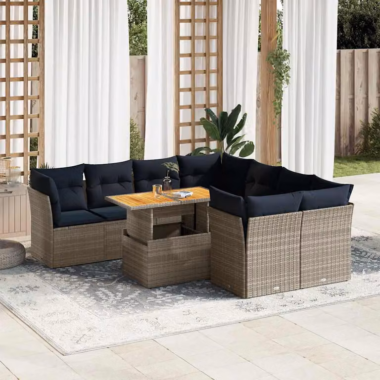 Set Divano da Giardino vidaXL 9 pz a Forma a U con Cuscini e Tavolino, Polyrattan e Acciaio, Grigio e Blu
