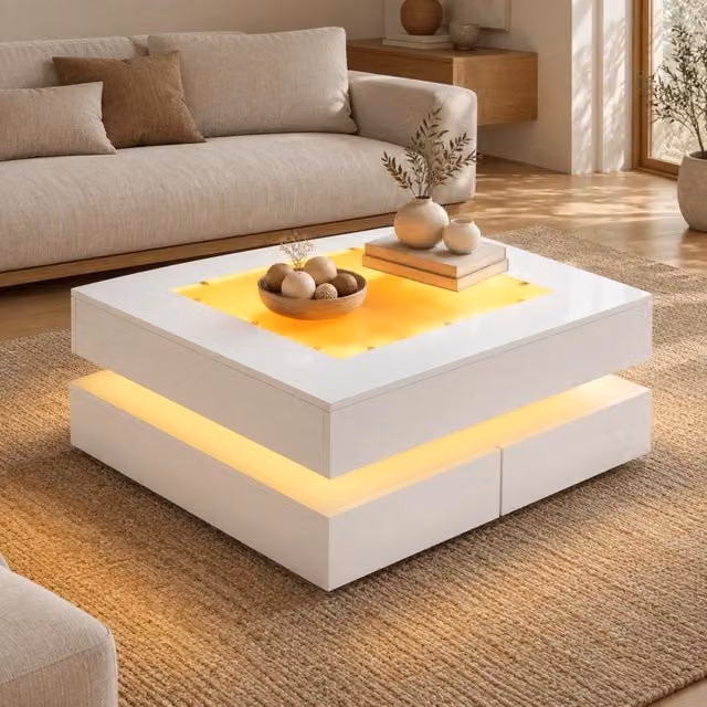 Tavolino da salotto ULEVR 70x70x35 cm con piano in vetro, LED controllabile tramite app e 3 cassetti, bianco