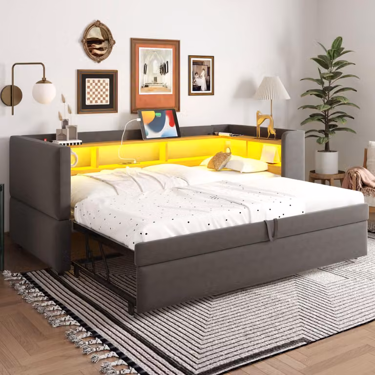 STILVORA Divano letto 90/180×190 cm, letto imbottito con letto estraibile e luci a LED, divano letto con prese elettriche, tessuto in velluto, grigio scuro (senza materasso)