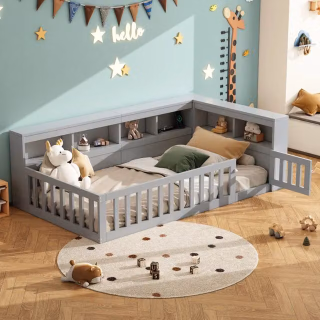Letto singolo moderno in tessuto grigio con rete, vano laterale, presa USB e sponda, L/P/H: 200 x 90 x 51 cm