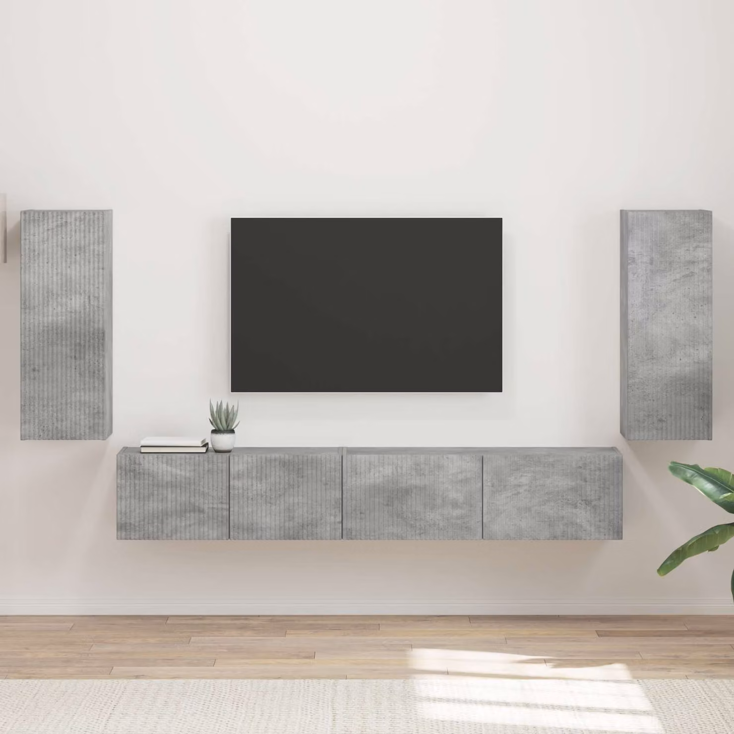 Set mobile TV moderno vidaXL in 4 pezzi, Grigio cemento e Legno MDF, da appendere a parete – 1