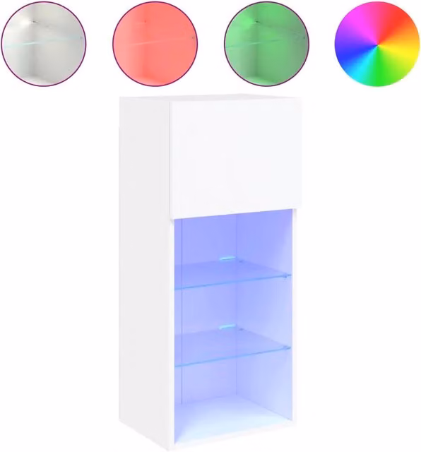 Mobile TV moderno DESIGN IN con luci LED integrate e compartimenti media, bianco lucido, L 40,5 cm x P 30 cm x H 90 cm
