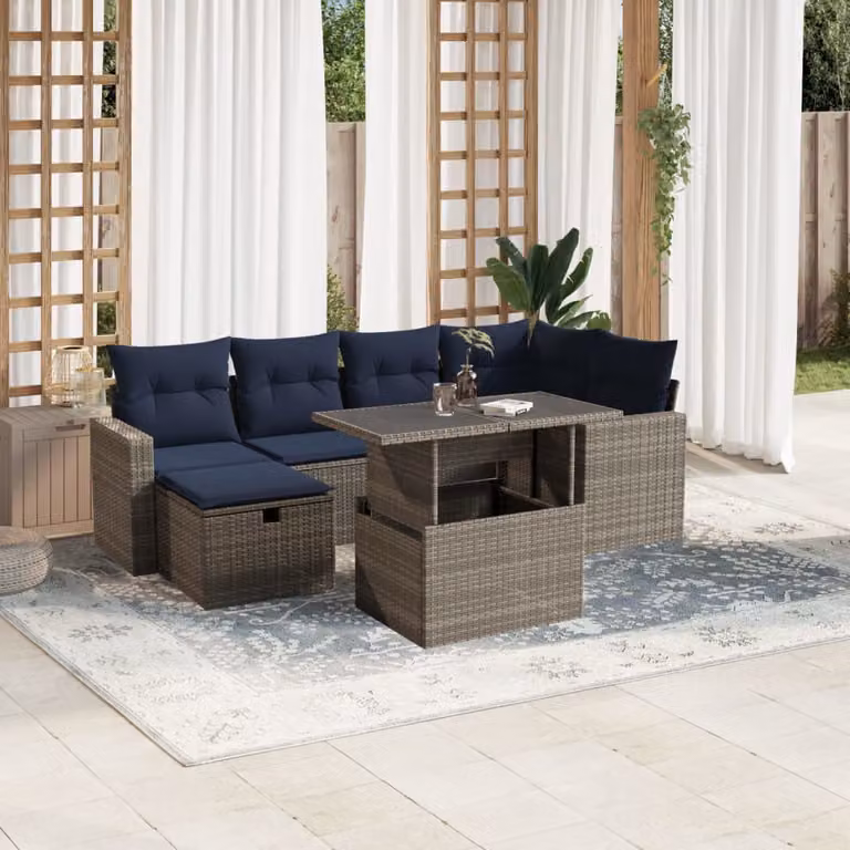 Set di divani da giardino vidaXL 7 pezzi in polyrattan con cuscini grigi e blu, design moderno a forma di L con tavolino e pouf per esterno