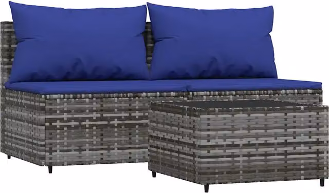 Set Salotto da Giardino Moderno 3 Pezzi con Divano a 2 Posti e Tavolino con Cuscini Blu e Grigio in Polyrattan e Metallo