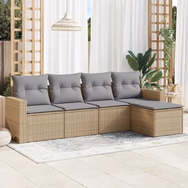Set Divano da Giardino 5 pz con Cuscini-Sofa da Giardino-Divanetto da esterno Beige in Polyrattan 971510