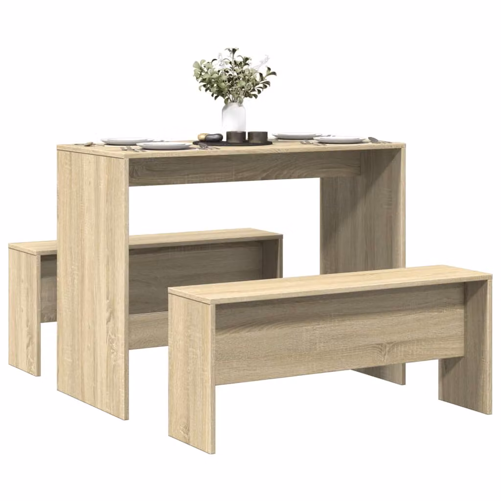 Set Tavolo da Pranzo e 2 Panche vidaXL in Rovere Sonoma, Colore Marrone e Beige