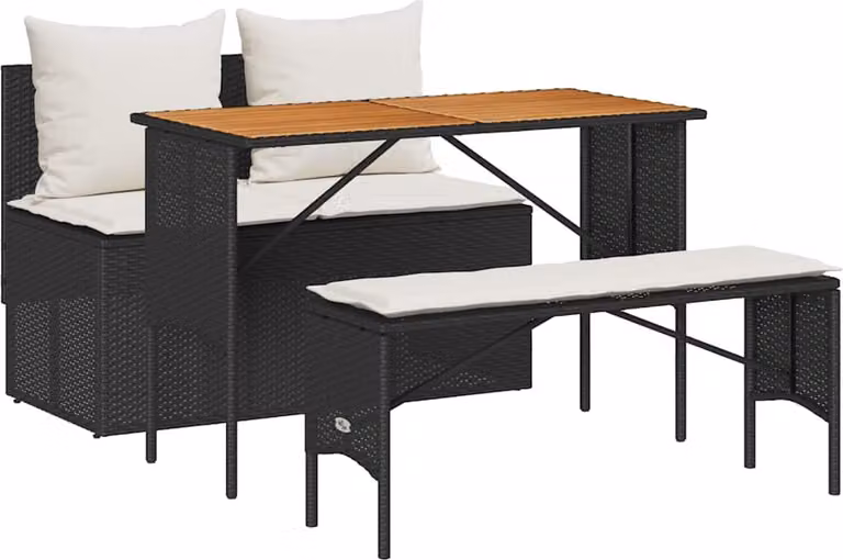 Set da Pranzo da Giardino 3 pz con Cuscini Nero in Polyrattan
