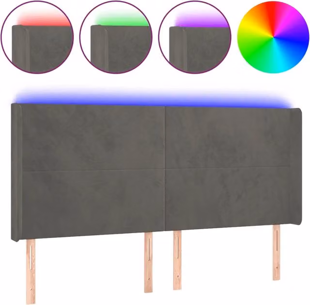 Testata del letto con illuminazione LED e porta di ricarica USB in velluto grigio scuro L: 163 cm, P: 16 cm, H: 118/128 cm – 1
