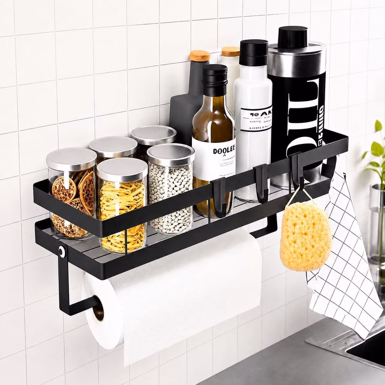 Mensola da parete per cucina con portarotolo e ganci