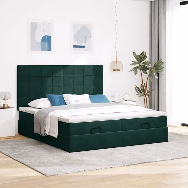 Letto con contenitore a sollevamento vidaXL in velluto verde e bianco con illuminazione sottostante e porte USB L/P/H: 180 x 203 x 128 cm