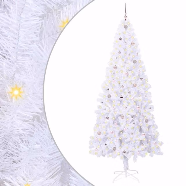 Albero di Natale artificiale moderno bianco con luci LED bianco caldo in PVC e metallo, Altezza: 240 cm