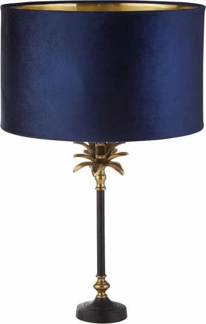 Lampada da scrivania Searchlight in metallo e velluto con base rotonda, disponibile in blu o nero con finiture oro o ottone, attacco E27