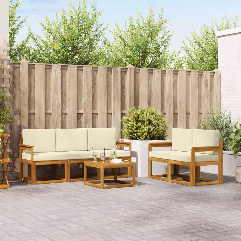 Set di divani da esterno vidaXL 6 pezzi in legno di acacia con cuscini, colori beige, bianco e marrone