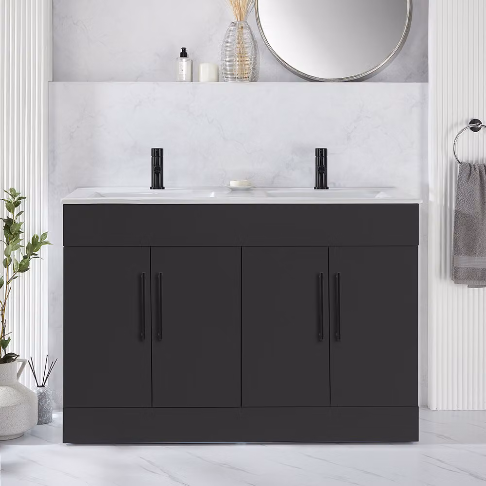 Mobile Bagno a Terra Grigio Nero da 1210mm con Doppio Lavabo e Maniglie Nere con Barra a T - Cluo