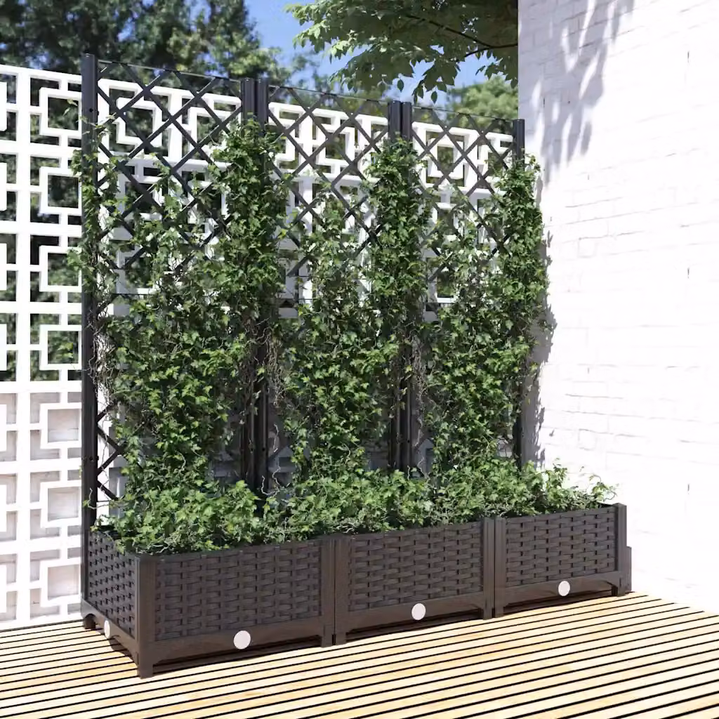 Fioriera da giardino con traliccio vidaXL nera in plastica L/P/H: 120 x 40 x 121,5 cm
