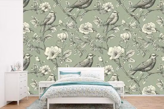 Tappeto fotografico classico con motivo floreale, color verde, dimensioni 525 cm x 350 cm.