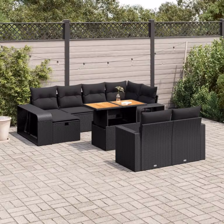 vidaXL Set Divani da Giardino 11 pz in Polyrattan Nero con Cuscini e Tavolino da Esterno