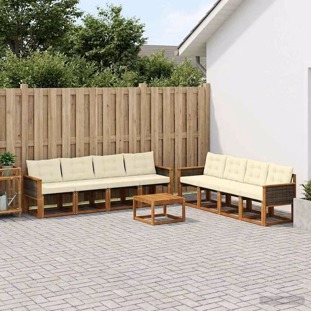 Set di divani da esterno vidaXL 9 pezzi in legno di acacia con tavolino e cuscini, colori beige, bianco e marrone