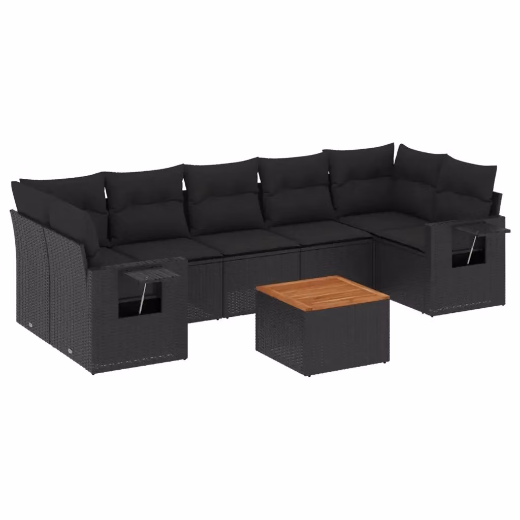 Set di divani da giardino vidaXL a forma di L con cuscini e tavolino, 8 pezzi in polyrattan nero con struttura in legno di acacia e metallo – 2