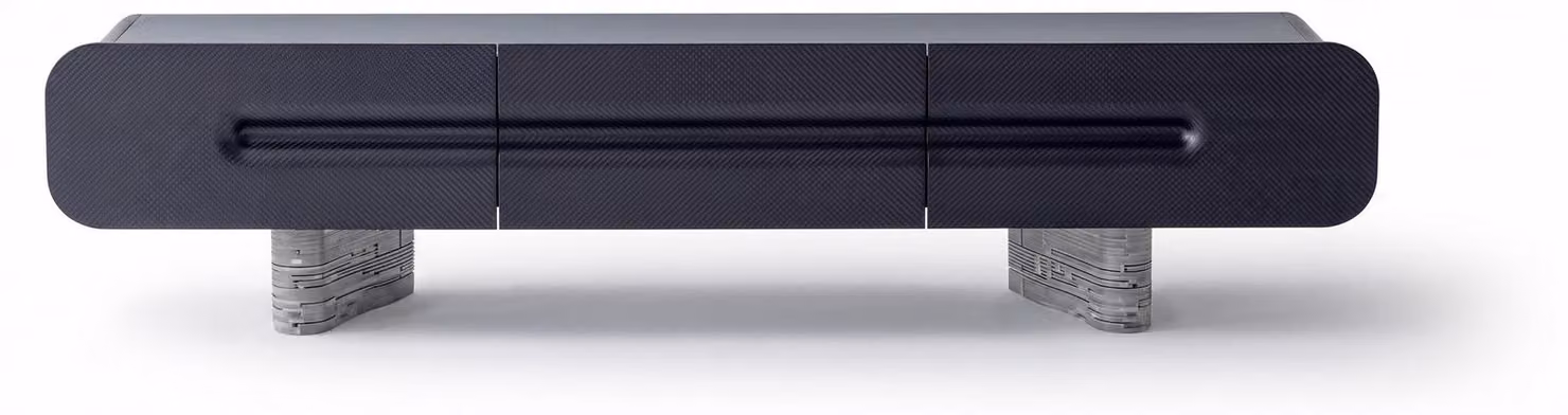 Mobile TV a basso design moderno, colore nero, aspetto pietra, elegante mobile laterale