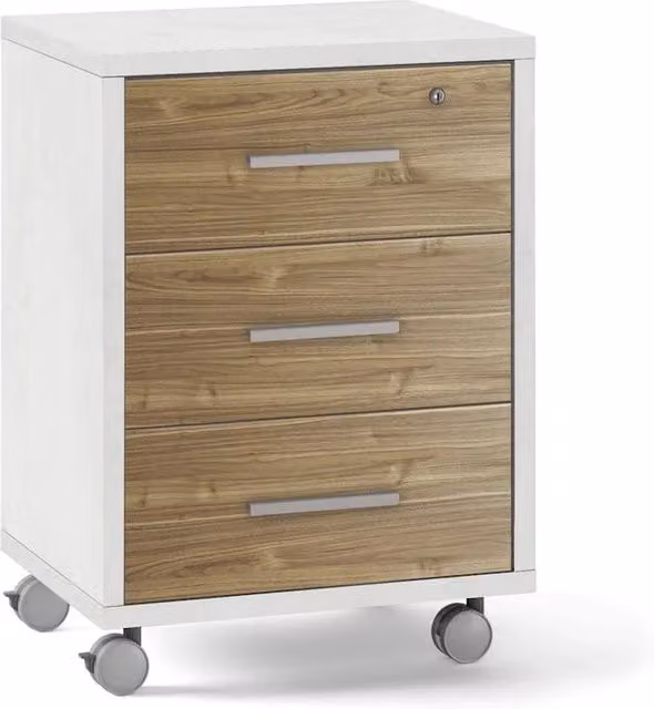 Cassettiera SARMOG con 3 cassetti su ruote, finitura opaca in bianco e noce, L: 51 cm, P: 41 cm, H: 71 cm