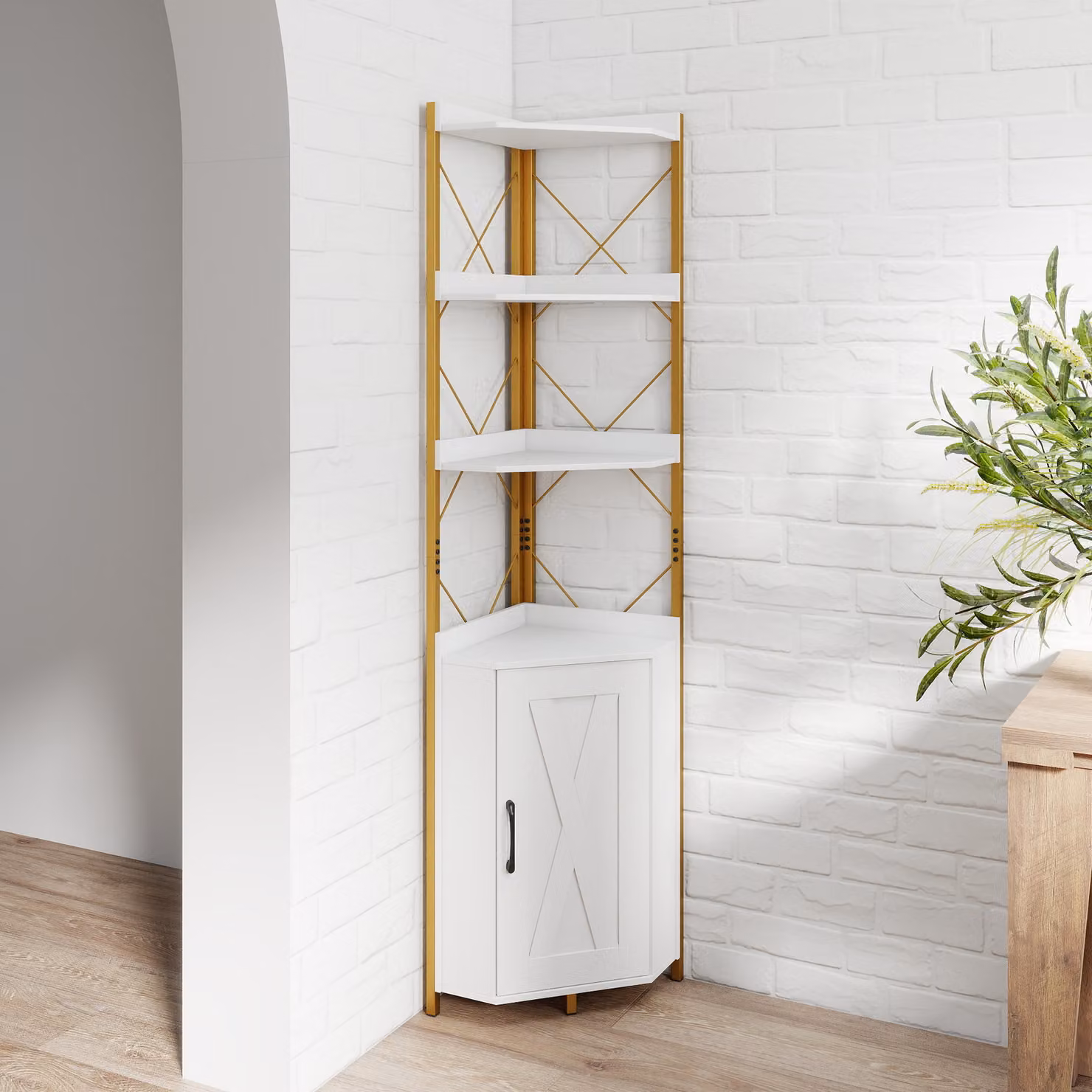 Mensola ad angolo Costway con spazio di archiviazione, design moderno in metallo, Bianco e Oro