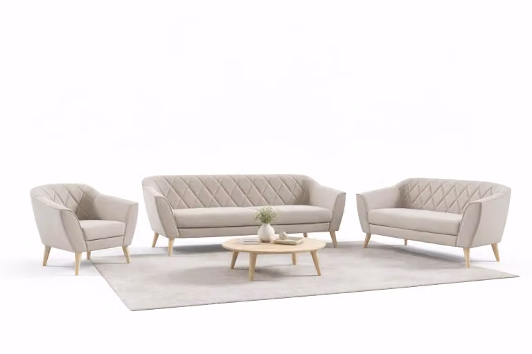Divano beige, composto da un divano a tre posti, due poltrone e una poltrona, rivestito in velluto, con gambe in legno di faggio