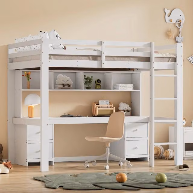 Letto a soppalco per bambini 90 × 200 cm con scrivania, 4 cassetti e 4 ripiani, senza materasso, bianco