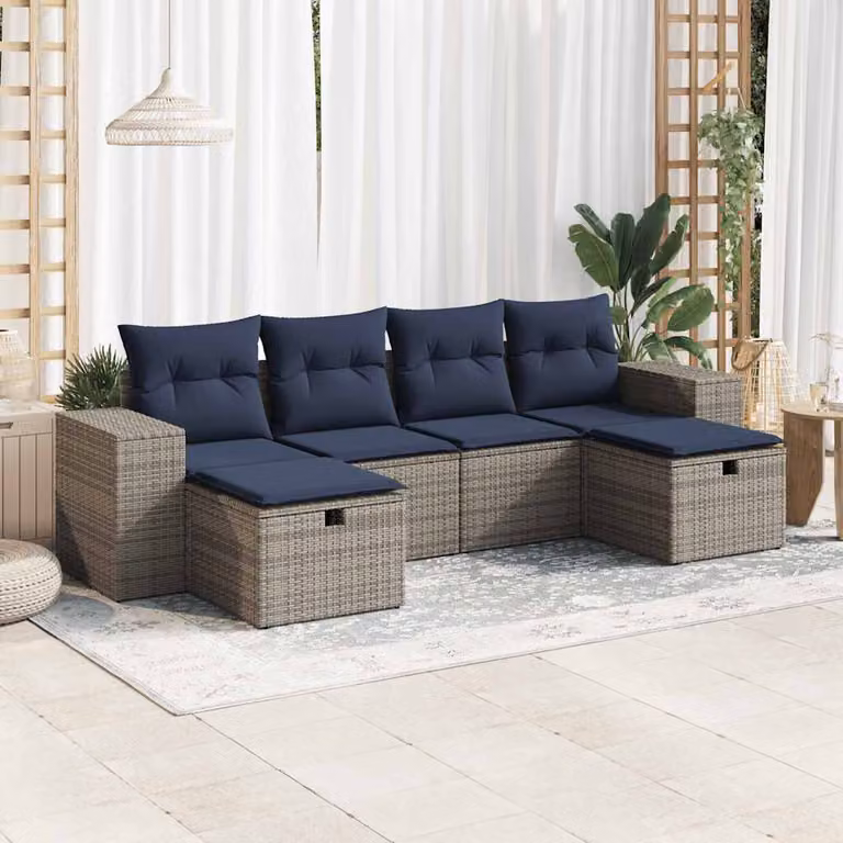 Set Divano da Giardino vidaXL 6 pz a Forma a L con Cuscini Grigio e Blu in Polyrattan e Metallo