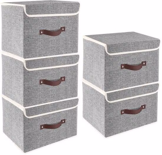 Ibenzoa® Set da 5 contenitori pieghevoli in tessuto, dimensioni 38x25x25 cm, con coperchio – esterno in poliestere / interno in Oxford, inserti in plastica, maniglie, impilabili, lavabili