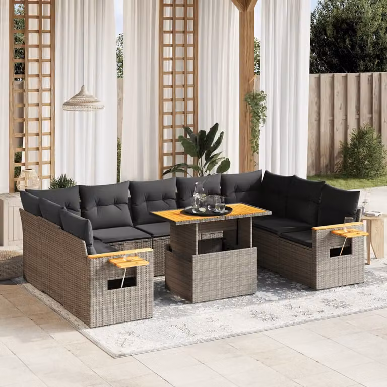 vidaXL Set Divano da Giardino 10 pz a forma di U in Polyrattan Grigio con Cuscini e Tavolino da Esterno