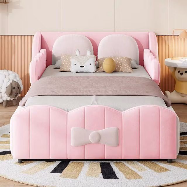 Letto Singolo 90x200 con Contenitore Imbottito in Velluto Rosa; Design ad Ali e Fiocco per Cameretta