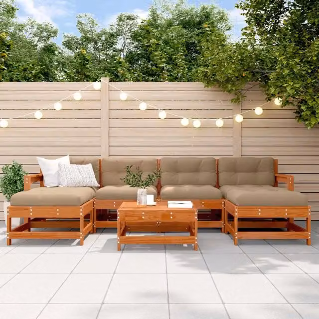 Set Lounge da Giardino a Forma di L vidaXL in Legno di Pino Cerato Marrone con 7 Pezzi e Cuscini Inclusi – 1