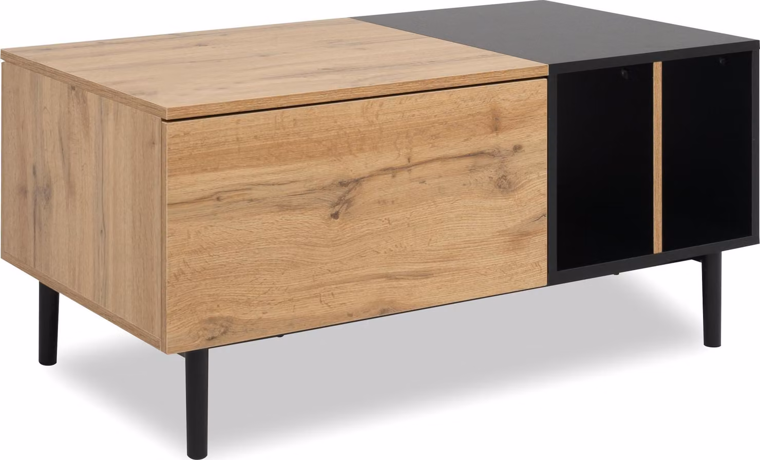 Tavolino da salotto, rettangolare, rovere Artisan e nero, 100 x 46,5 x 55 cm, con vani portaoggetti