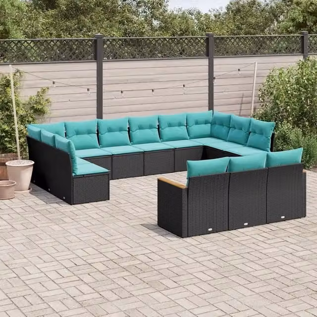 Set di Divani da Giardino a Forma di U vidaXL in Polyrattan con Cuscini e Ottoman, Colore Nero, Blu e Turchese