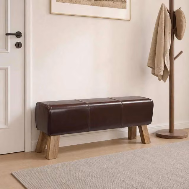 Panchina moderna vidaXL in pelle marrone con struttura in legno L: 110 cm, P: 30 cm, H: 45 cm – 1