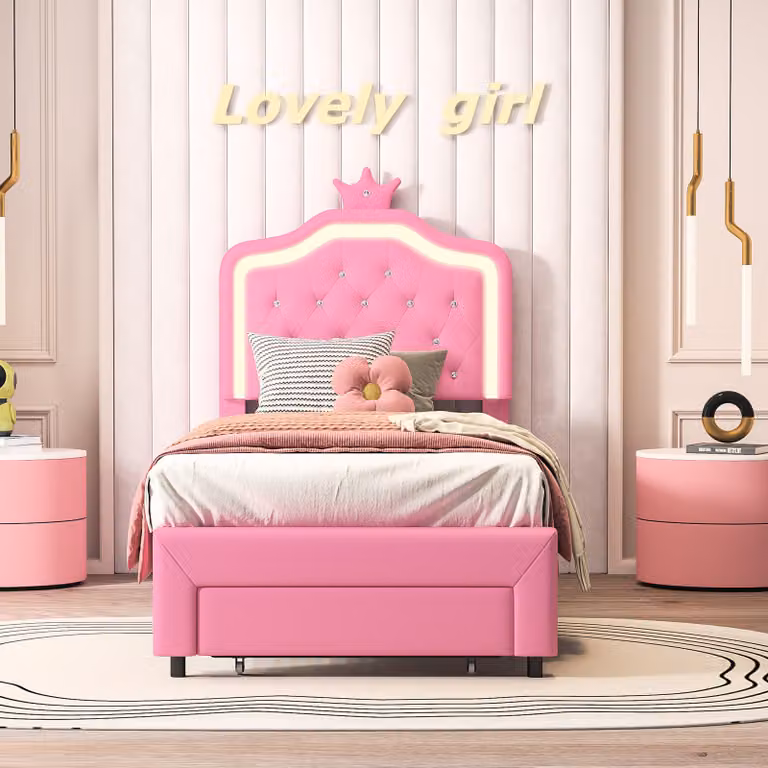Struttura letto "Crown" 90 x 200 cm con illuminazione a LED, testata regolabile e cassetti, rosa