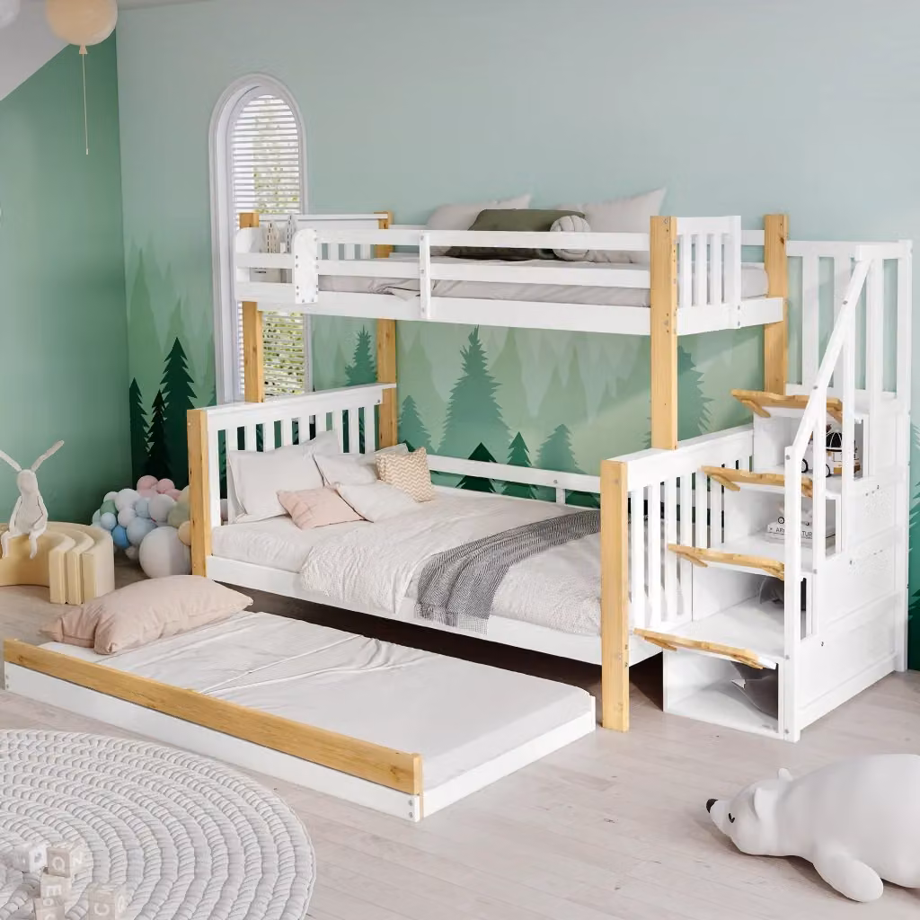 Letto a castello per bambini con letto estraibile, vano contenitore e scala con 4 cassetti, colore bianco, L/P/H: 200 x 120 x 165 cm e 200 x 90 x 165 cm – 2