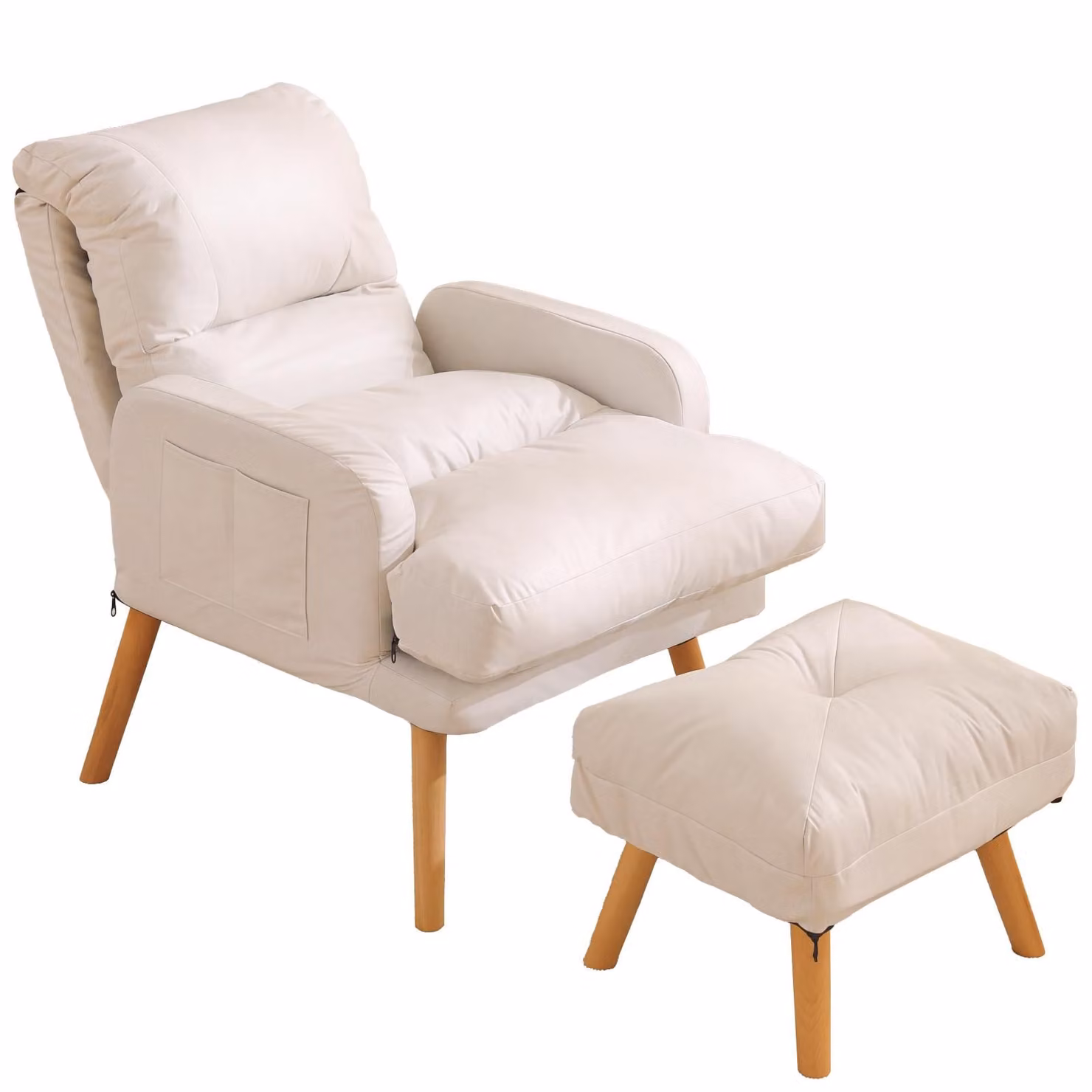 Poltrona reclinabile con poggiapiedi, schienale regolabile in 5 posizioni, rivestimento removibile e lavabile, tasca laterale, poltrona imbottita per soggiorno, color beige