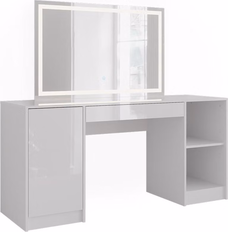 Tavolo da toeletta Vicco Sherry Bianco/Bianco lucido 158.2 cm con specchio a LED, Model 57653