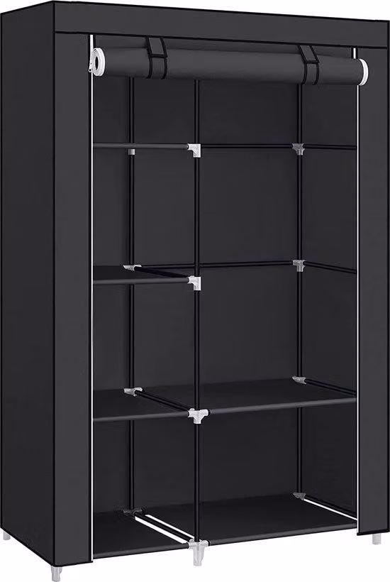 Armadio per abiti Unyqoos® con 6 ripiani, realizzato in tessuto nero non tessuto, dotato di asta appendiabiti e porta a rullo con cerniera, dimensioni 45 x 105 x 168 cm – ideale per camere da letto e cabine armadio