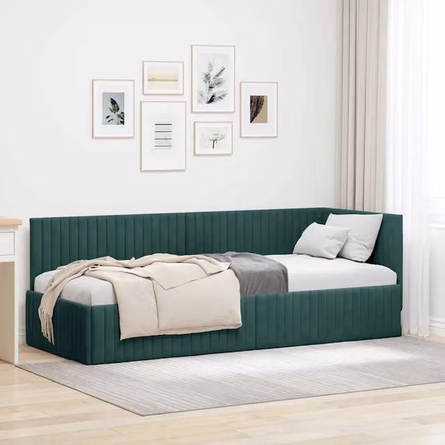 Cornice del letto ad angolo vidaXL in velluto verde con struttura in legno e doghe L/P/H: 204 x 80 x 140 cm
